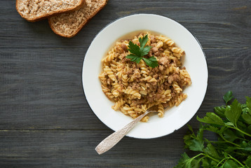 Pasta with minced meat in a bowl     
