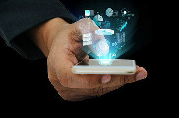 Double exposure hand with smart phone and city. world wide connection