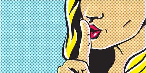 Photo sur Plexiglas Chambre jeunesse Pop art chut femme, femme avec le doigt sur les lèvres, geste de silence, bannière de femme de style pop art, tais-toi