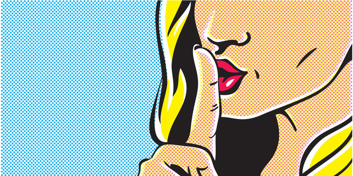 Fototapeta Pop art shhh woman, woman with finger on lips, silence gesture, pop art style woman banner, shut up