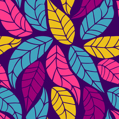 Floral seamless pattern with tropical leaves. Vector illustration.