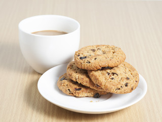 homemade chocolate chip cookies and coffee on the table