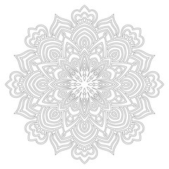 Ornamental round doodle flower of extra thin lines isolated on white background. Black outline mandala. Geometric circle element. Vector illustration.