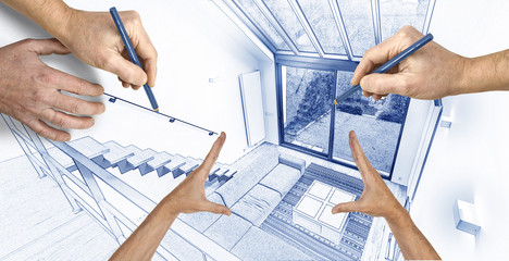 Digital Blue print Artwork of a Modern living room and hands framing