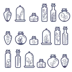 Foto op Canvas Set of different terrarium bottles with grass and mushrooms. Flat outline vector illustration © haosame