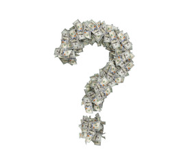 3d rendering of a large question mark made of countless 100 dollar bills on a white background.