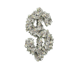 3d rendering of an isolated USD sign made of countless 100 dollar bills on a white background.
