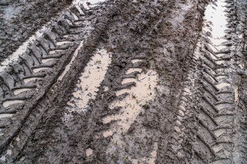Naklejka premium Imprint of an off-road vehicle tire on a dirty road