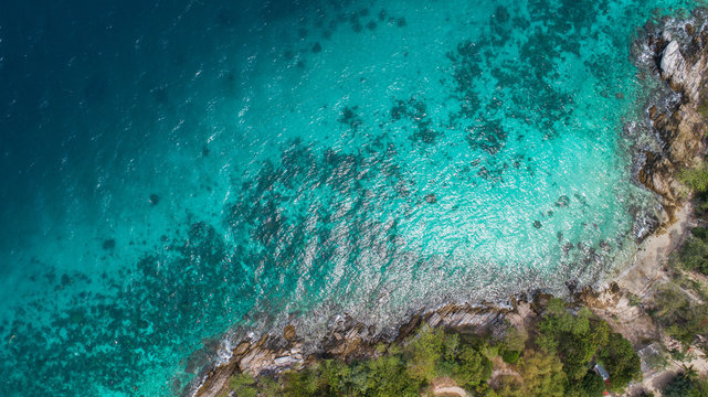 Aerial drone view of tropical island landscape and sea