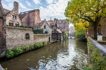 Fototapeta na wymiar Brugge medieval historic city. Brugge streets and historic center, canals and buildings. Brugge popular touristic destination of Belgium.