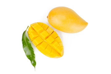 Mango fruit slice cut and green leaf isolated white background