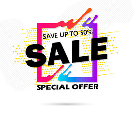 Super Sale and special offer. 50% off. Vector illustration. Trendy neon geometric figures wallpaper in a modern material design style. Coloured banner