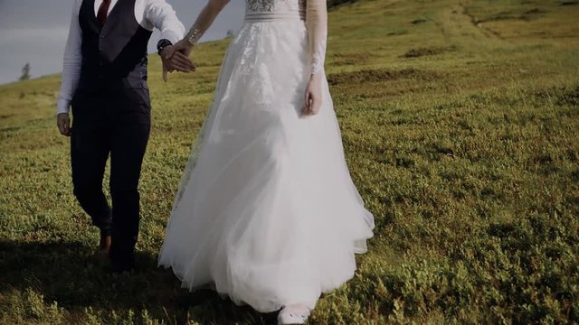 Wedding Couple Walks in Mountains 