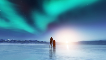 Adventurous man standing with a backpack, looking at aurora.