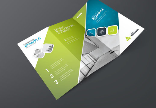 Blue and Green Trifold Brochure Layout with Bokeh Background
