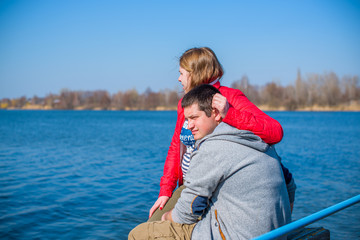 Fototapeta premium American young couple with overweight walk in park, man and woman together 