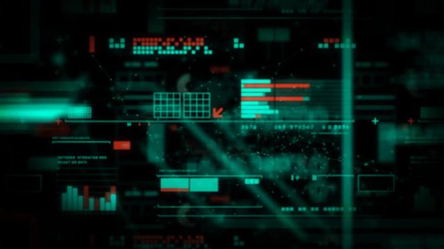Digital analytical data and graphics fly through loop. Depicting glowing random computer technology information on a black background. Useful for concept or backdrop.