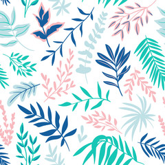 Fototapeta na wymiar Hand drawn seamless pattern with tropical leaves. Botanical vector repeating background. Simple stylish design.