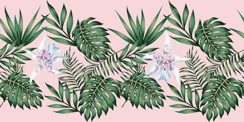 Tropical leaves and flowers ribbon pink background