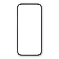 Black smartphone with blank white screen. High detailed realistic smartphone mockup. Mobile front view display template.