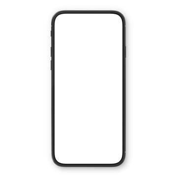 Black smartphone with blank white screen. High detailed realistic smartphone mockup. Mobile front view display template.