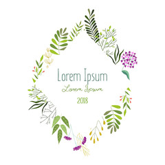 rhombus frame of green leaves, twigs and herbs with place for text, banner, greeting card, eco logo decoration, vector illustration isolated in white background. Square frame with leaves and herbs