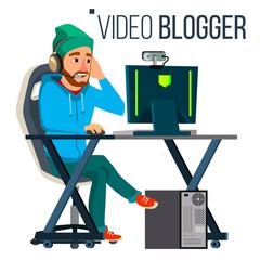 Man Video Blogger Vector. Gaming Stream Banner. Concept blogging. Video Streaming. Strategy Video Game. Flat Vector Illustration