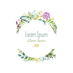 Greeting card template with flowers, leaves, herbs, round place for text, vector illustration isolated in white background. Greeting card, postcard design with doodle flowers, leaves, place for text