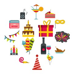 Fototapeta na wymiar Happy Birthday icons set in flat style. Party and celebration elements set collection vector illustration