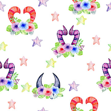 watercolor cute colorful monster horns with flowers. Seamless pattern