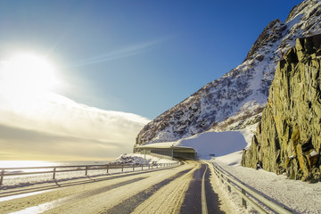 Road by the sea in sunset time, Lofoten island