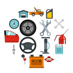 Car maintenance and repair icons set in flat style. Auto service set collection vector illustration
