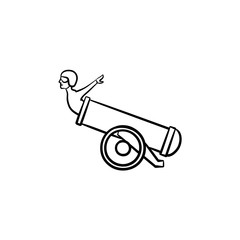 Stuntman in the cannon hand drawn outline doodle icon. Circus trick with stuntman and cannon vector sketch illustration for print, web, mobile and infographics isolated on white background.