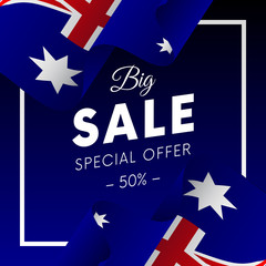 Big sale banner or sticker. Special offer. Fifty percent off. Australia flag. Vector illustration.