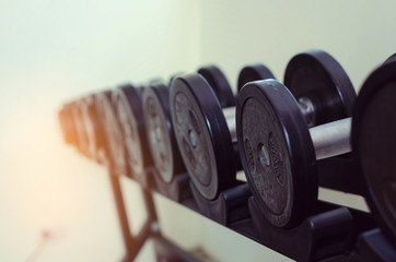 Naklejka na ściany i meble selective focus rows of dumbbells on rack for weight training workout in fitness gym, equipment, bodybuilder, healthy lifestyle, exercise and sport training concept