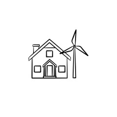 House with wind generator hand drawn doodle icon. Renewable energy concept. Building with wind turbine vector sketch illustration for print, web, mobile and infographics isolated on white background.