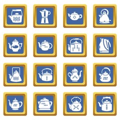 Teapot sport icons set vector blue square isolated on white background 