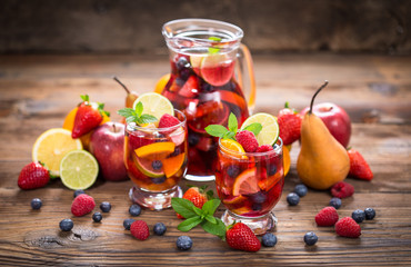 Summer cold cocktail, Sangria drink with fruit