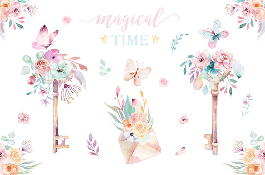 Isolated cute watercolor unicorn keys clipart with flowers. Nursery unicorns key illustration. Princess rainbow poster. pink magical poster