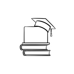 Graduation cap on book and laptop hand drawn outline doodle icon