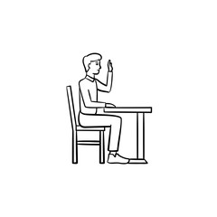 Fototapeta premium Student sitting on chair at the desk hand drawn outline doodle icon. Person sitting at the school desk vector sketch illustration for print, web, mobile and infographics isolated on white background.