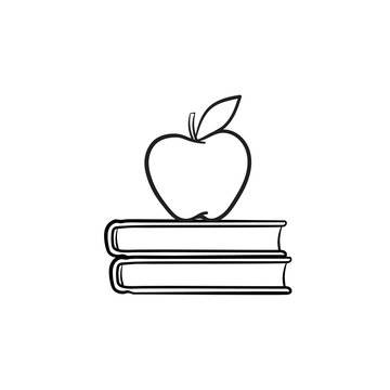 Text books and apple hand drawn outline doodle icon. Apple lying on study books vector sketch illustration for print, web, mobile and infographics isolated on white background.