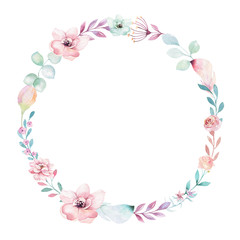 Fototapeta na wymiar Watercolor boho floral wreath. Bohemian natural frame: leaves, feathers, flowers, Isolated on white background. Artistic decoration illustration. Save the date, weddign design, valentine's day
