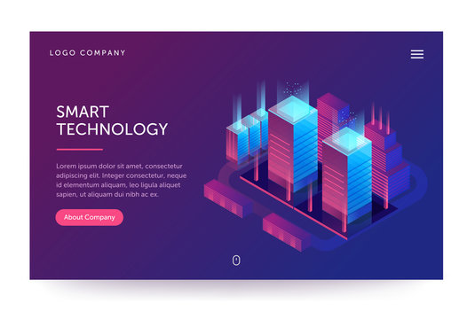 Smart technology illustration. Web banner with neon light and modern buildings. Isometric gradient style. Home page concept. UI design mockup.