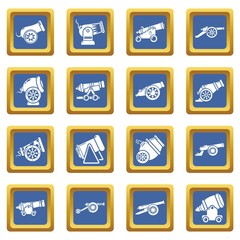 Cannon retro icons set vector blue square isolated on white background 