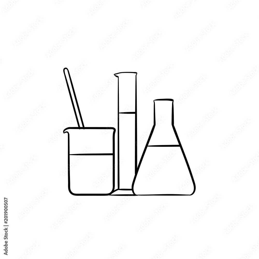 Sticker laboratory equipment hand drawn outline doodle icon. chemistry test tube and beaker - laboratory equ