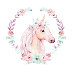 Obraz na płótnie Canvas Isolated cute watercolor unicorn clipart with flowers. Nursery unicorns illustration. Princess rainbow poster. Trendy pink cartoon pony horse.