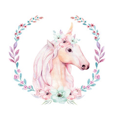 Isolated cute watercolor unicorn clipart with flowers. Nursery unicorns illustration. Princess rainbow poster. Trendy pink cartoon pony horse.