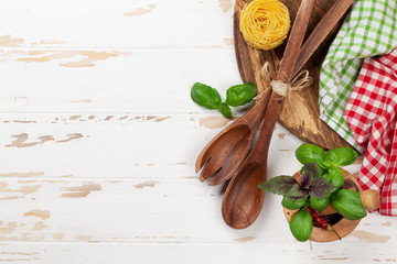 Cooking table with utensils and ingredients