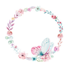 Watercolor boho floral wreath. Bohemian natural frame: leaves, feathers, flowers, Isolated on white background. Artistic decoration illustration. Save the date, weddign design, valentine's day